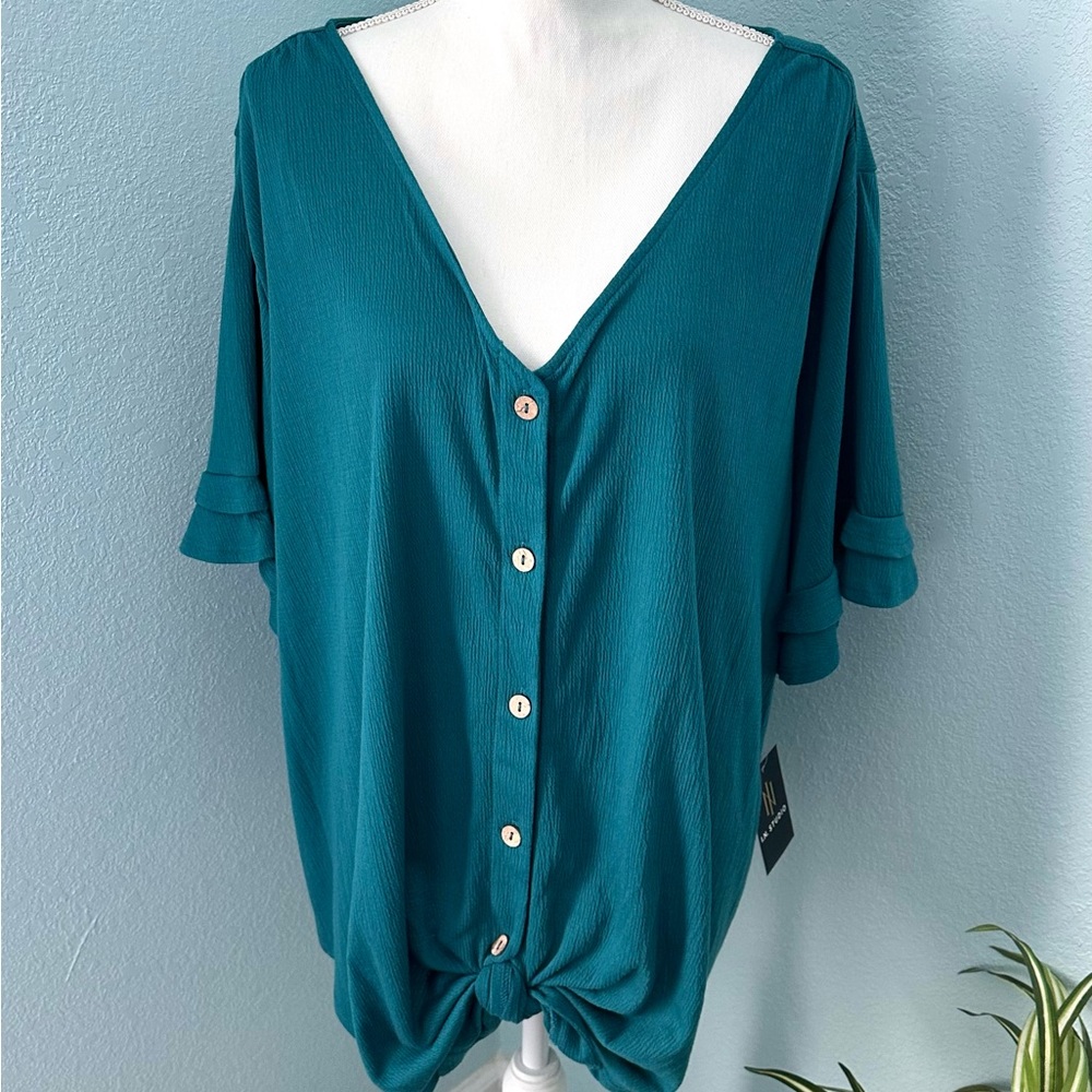 I.N. Studio Plus Size 3X Green & Blue Tie Front Button Up Top NWT